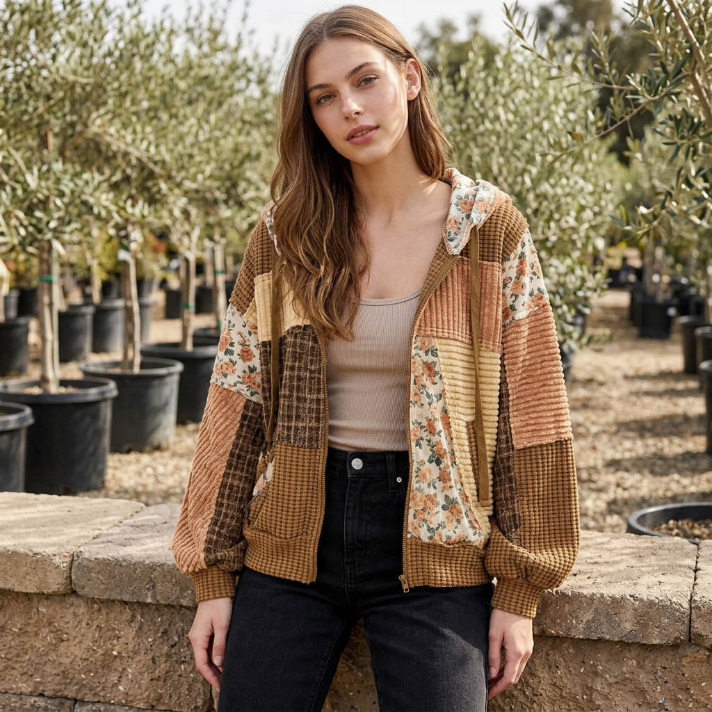 Brown mixed-texture patchwork jacket styled with a neutral tank and black jeans beside a nursery wall.