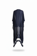 Navy women’s longline tassel trim kimono wrap back view