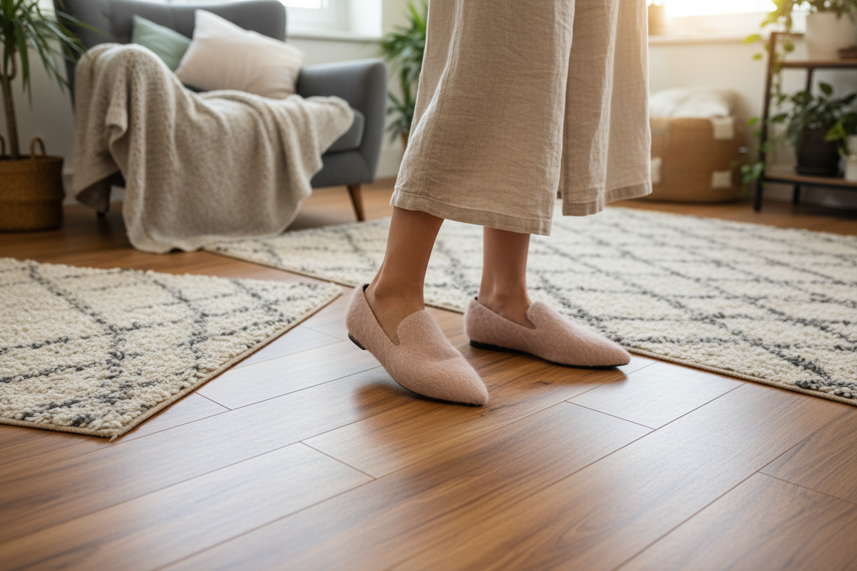 Woman wearing pink fuzzy slippers - comfortable home footwear