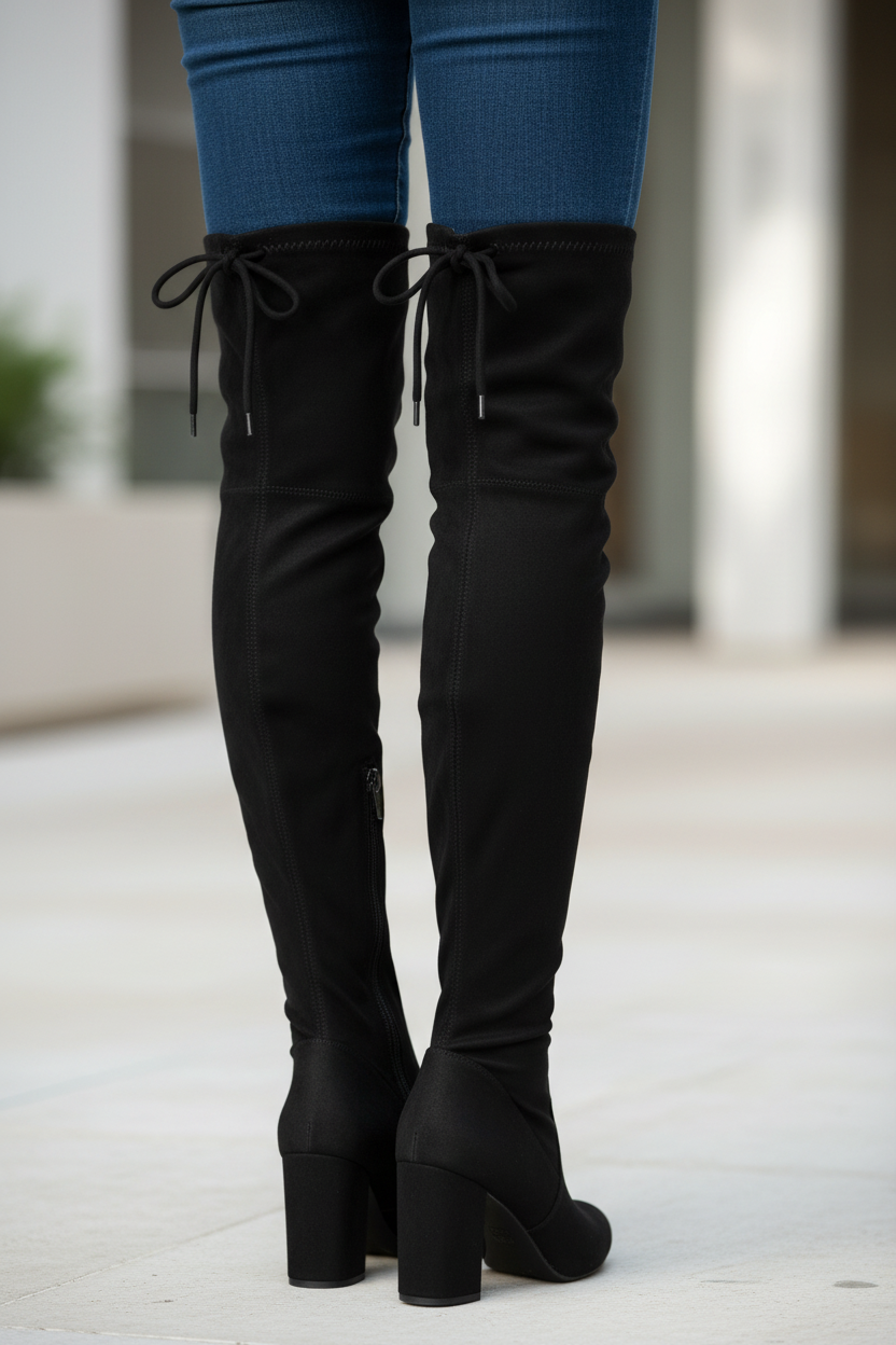 Close-up detail of black thigh-high boots with chunky block heel showing back tie detail, styled with skinny jeans