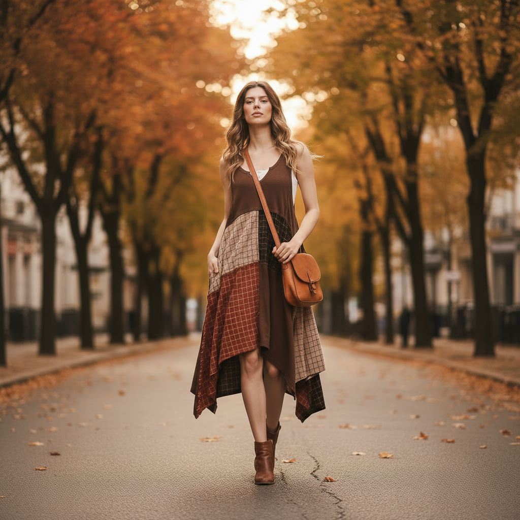 Women's brown patchwork plaid handkerchief hem tank dress layered over white tank with ankle boots on fall street