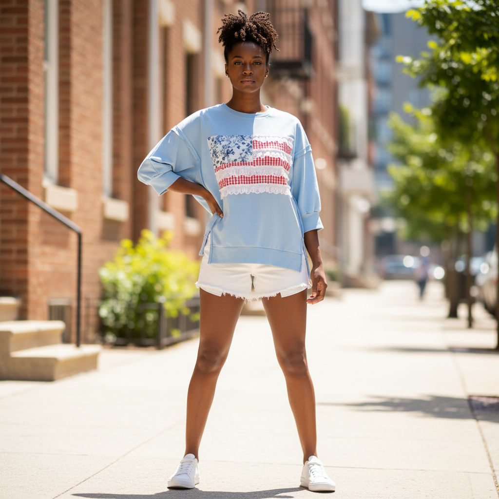 Women's light blue Americana patchwork French terry pullover top, standing lifestyle, styled with white denim shorts - BellanBlue