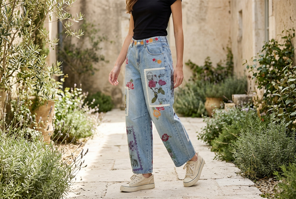Three-quarter view of blue floral postage jeans showing a rounded barrel silhouette on a garden path