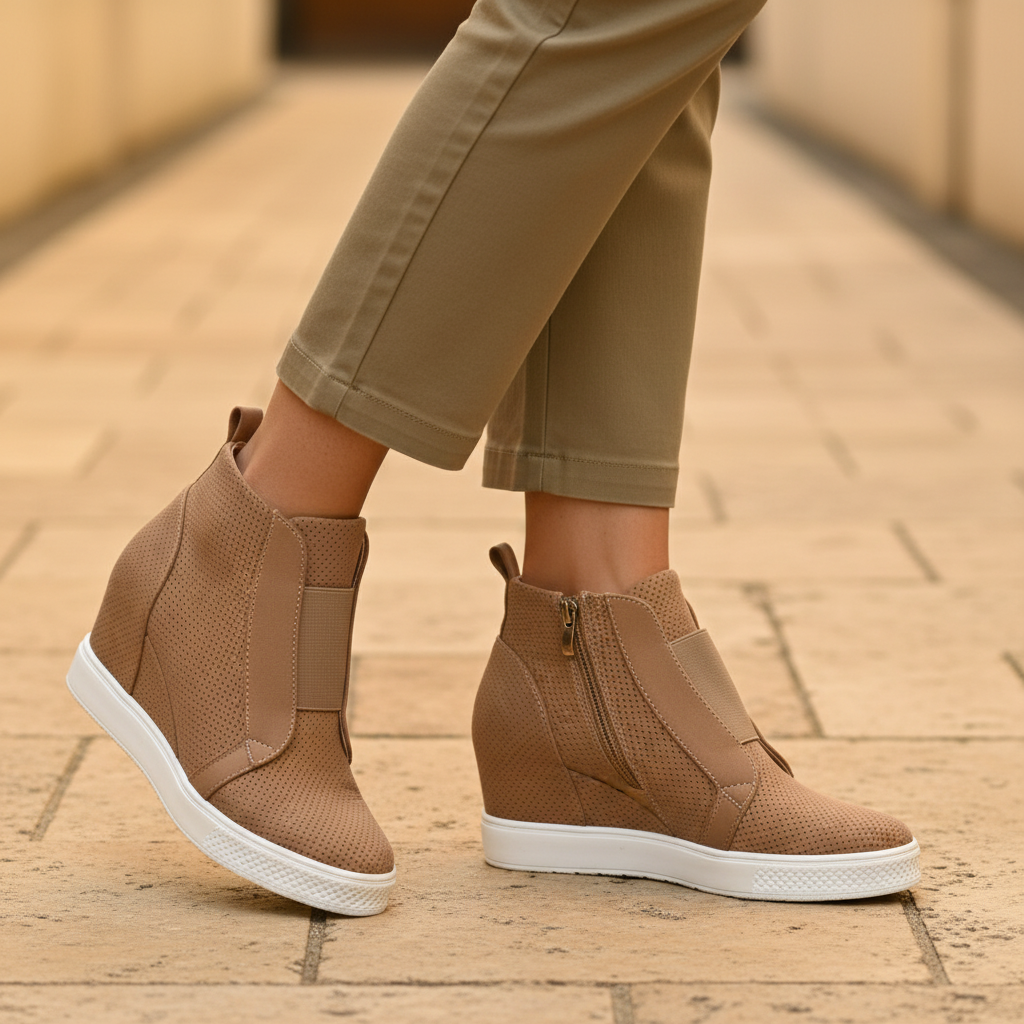 Woman wearing taupe perforated wedge sneaker booties with gold zip and white platform sole, khaki trousers, stone path