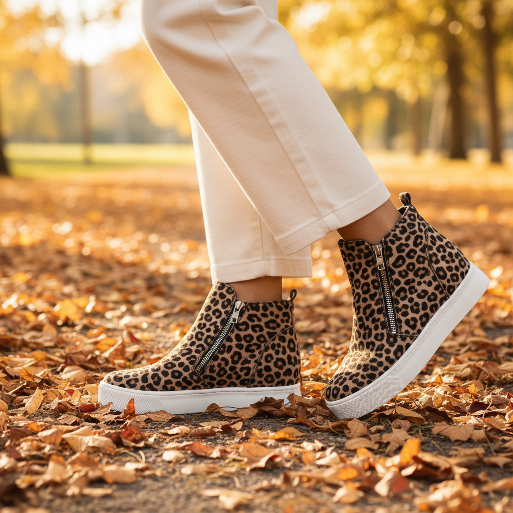 Women's leopard print platform sneaker bootie with silver side zipper worn in autumn park golden hour setting