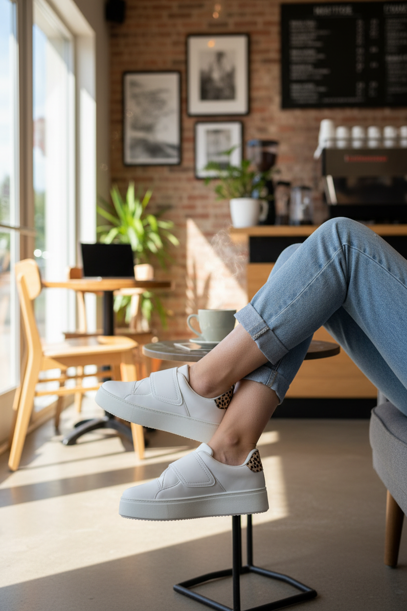 White platform sneakers with leopard print detail styled at trendy coffee shop - lifestyle photo