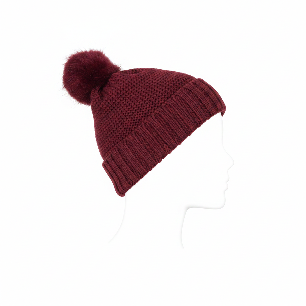 Women's burgundy knit beanie side profile, faux fur pom-pom, chunky ribbed texture, relaxed fit
