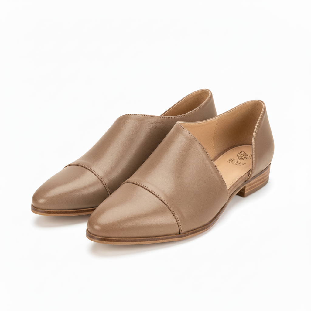 Women's taupe leather D'Orsay cutout flats with cap toe stitching and low stacked heel - BellanBlue