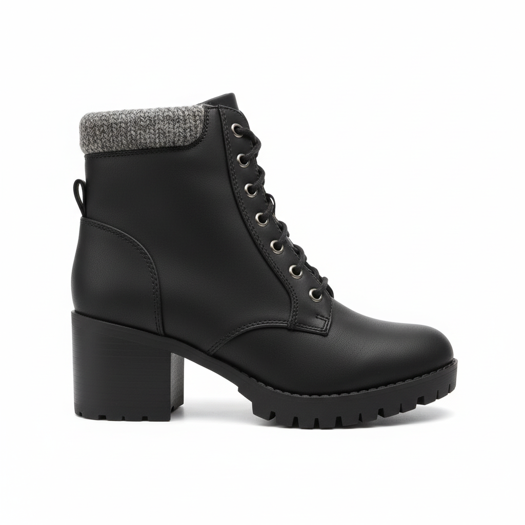 Black lace-up block heel combat ankle boot with lug sole, side profile view, white background
