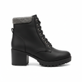 Black lace-up block heel combat ankle boot with lug sole, side profile view, white background