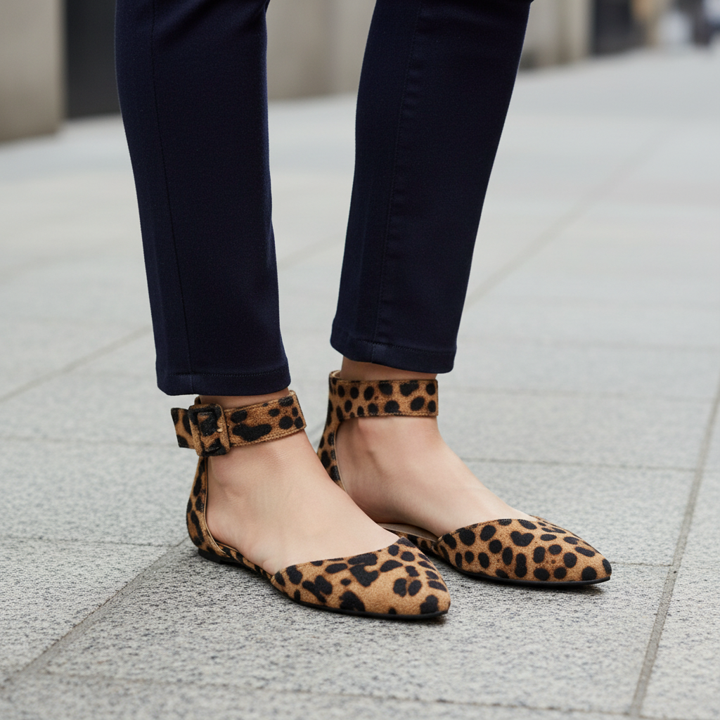 Woman standing on city sidewalk wearing Faryl Robin leopard pointed-toe ankle-strap flats with dark slim trousers, both shoes visible