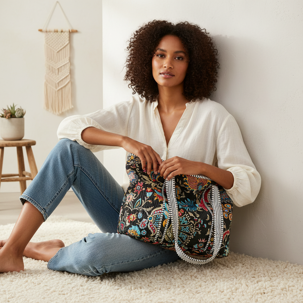 Women's quilted printed everyday tote bag, model seated in light neutral boutique setting, relaxed lifestyle