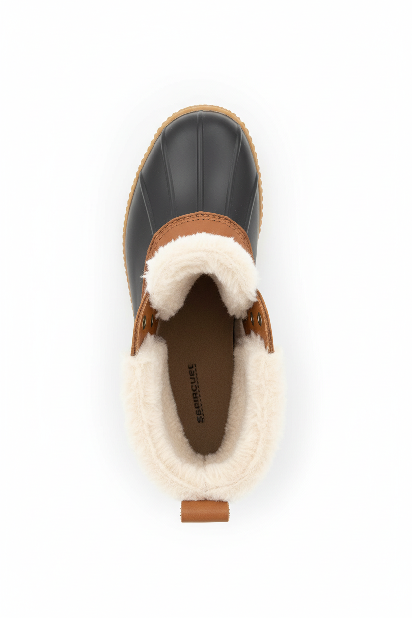 Tan duck boot top view showing faux fur lining and insole