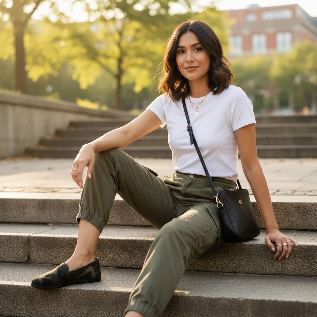 Woman wearing camouflage slip-on flats with olive cargo pants and white tee, sitting on outdoor steps, casual street style