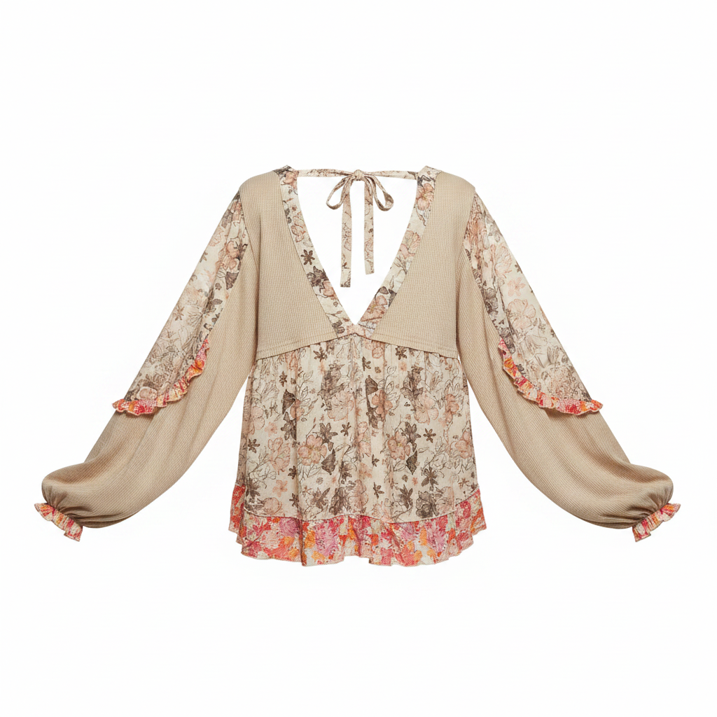 Women's taupe boho blouse open back bow tie, floral chiffon patchwork, balloon sleeves, mixed fabric relaxed fit