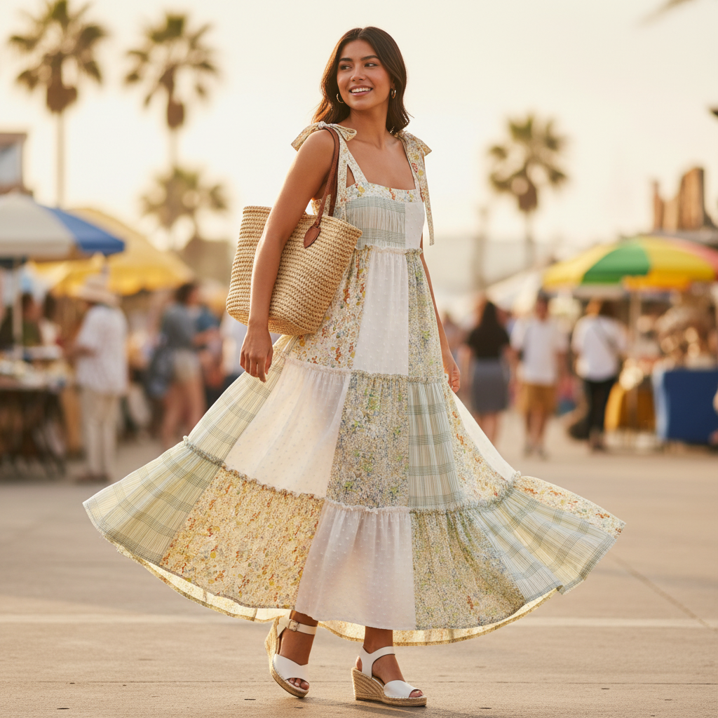 Women's patchwork maxi dress in sage green and ivory floral, tiered skirt in motion, summer style