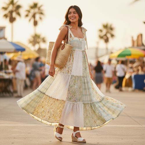 Women's patchwork maxi dress in sage green and ivory floral, tiered skirt in motion, summer style