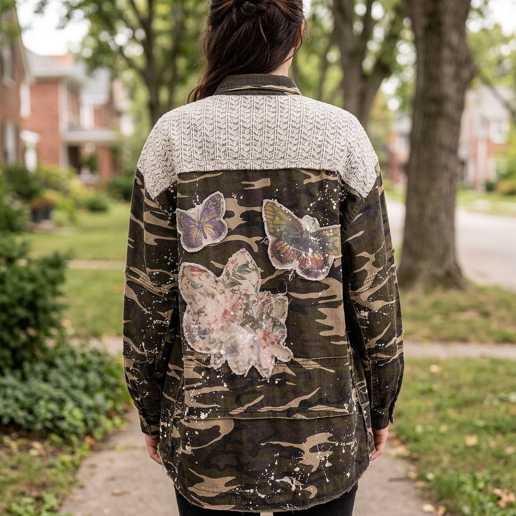 Blue Velvet camo jacket back with ivory lace yoke, butterfly patches and floral applique