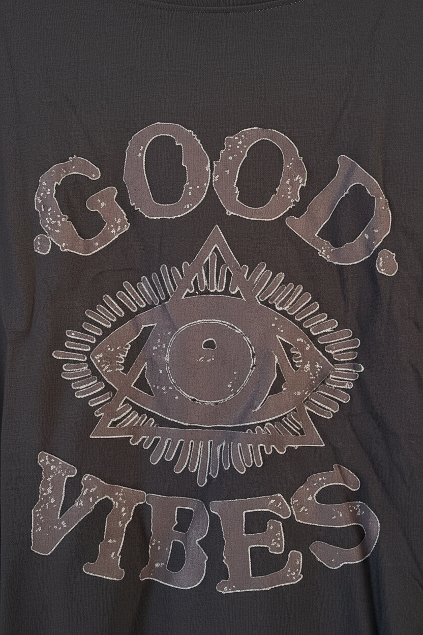 Good Vibes graphic tee - close-up detail of mystical eye design and distressed text on charcoal fabric