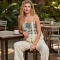 POL women's Natural Multi eyelet tiered sleeveless top, outdoor brunch café seated styling
