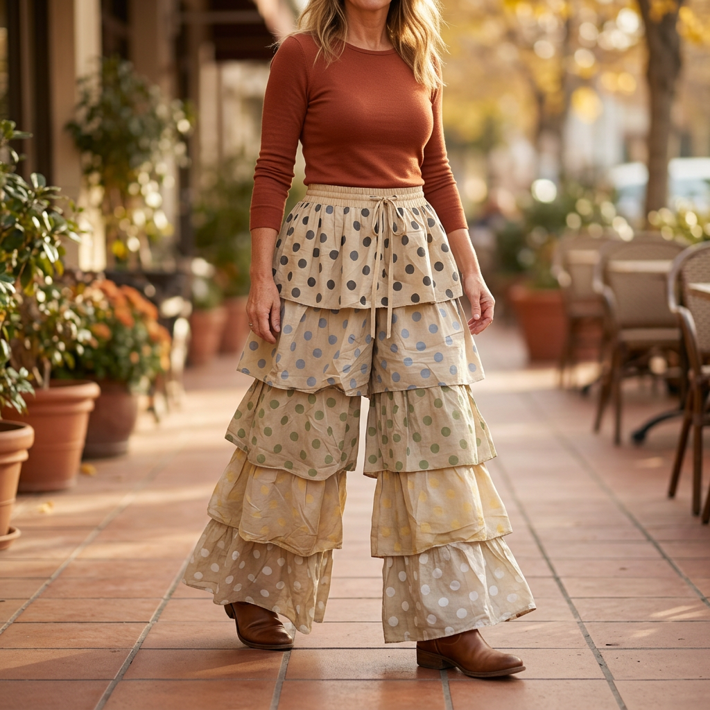A Rare Bird Shop women's beige polka dot wide-leg ruffle pants with a rust top on a cafe terrace