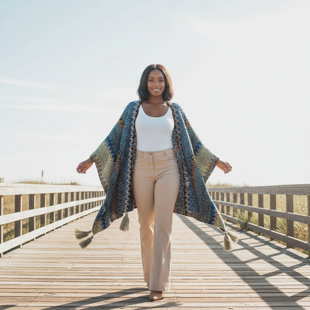 Women's cobalt multicolor knit kimono wrap walking coastal outfit oversized boho cardigan with tassels