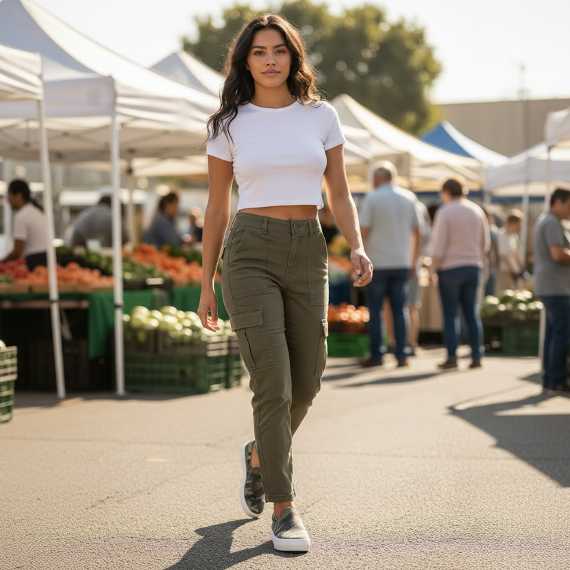 Women's khaki camo slip-on platform sneakers styled with cargo pants and crop tee at an outdoor farmers market