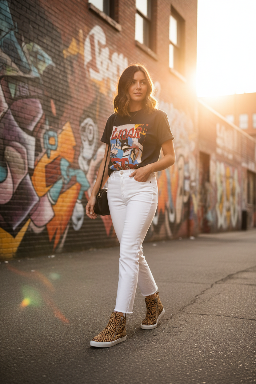 Leopard print high-top sneakers styled with white jeans in urban art district