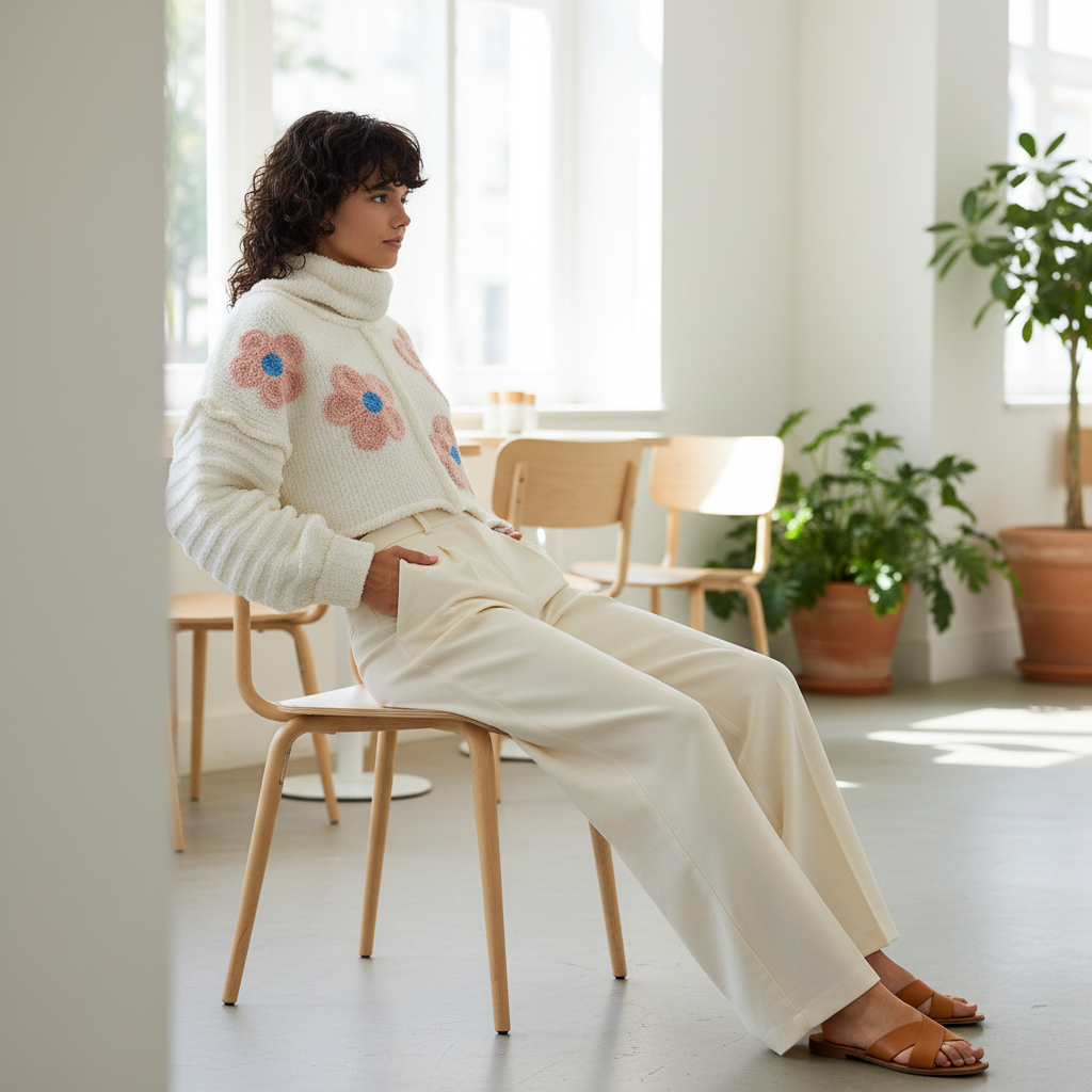 POL Clothing ivory daisy patch turtleneck sweater in brunch café seated styling with wide-leg trousers