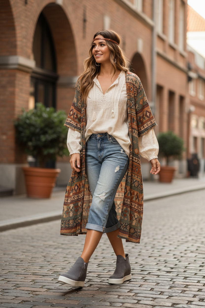 Woman wearing gray wedge sneaker booties lifestyle shot