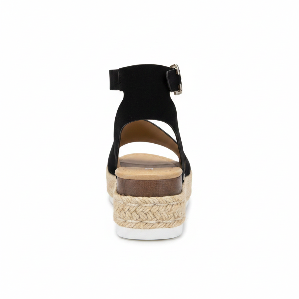 Women's black suede espadrille sandal back view showing ankle strap, silver square buckle, and braided jute platform heel - Soda