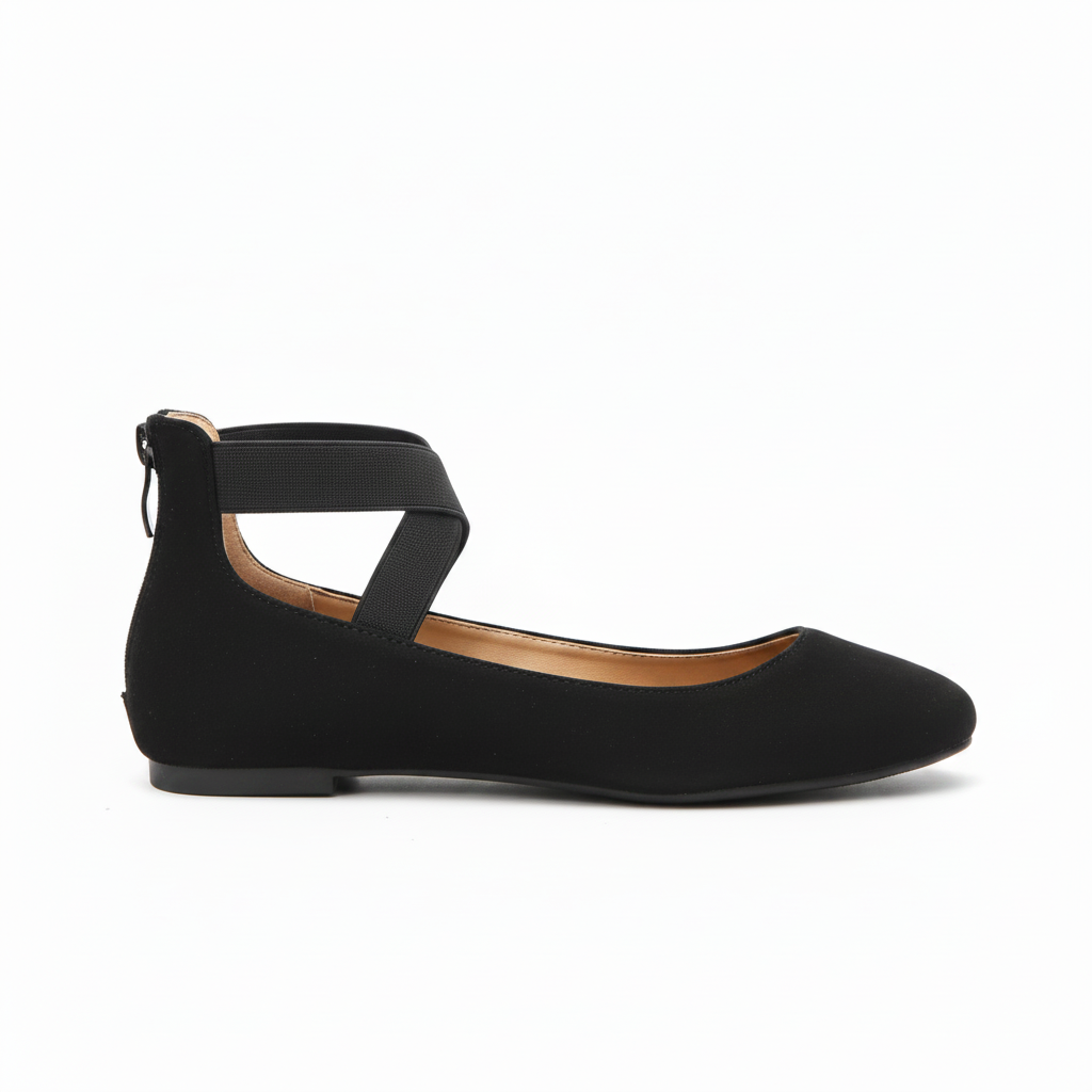Bella Marie black suede ballet flat, inner side profile view showing tan interior lining and ankle strap on white background