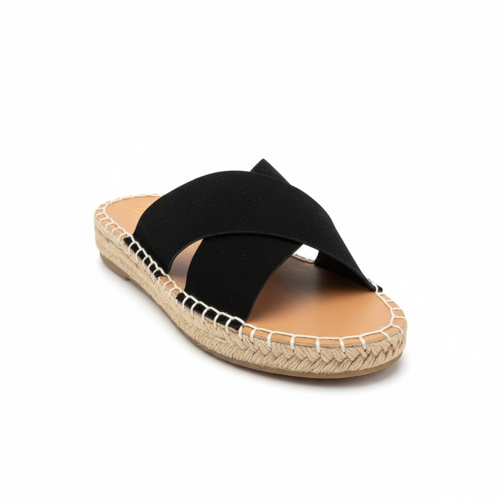 Black crisscross espadrille slides professional front view on white background