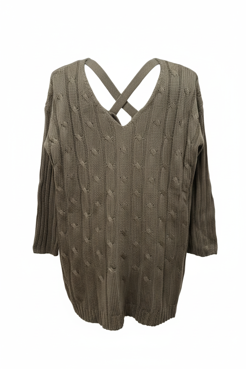 Cable-knit sweater back view showing criss-cross lace-up detail