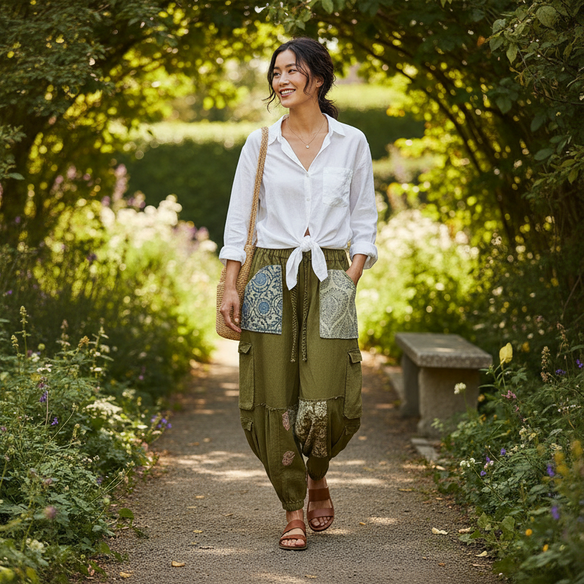 Women's olive multi patchwork straight-leg pants, relaxed fit, styled for a casual outdoor boho weekend look