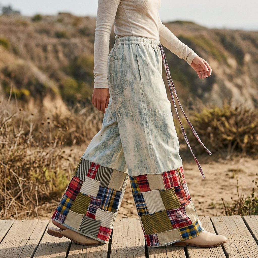 POL Clothing women's light blue patchwork wide-leg pants with a long plaid tie on a coastal walkway
