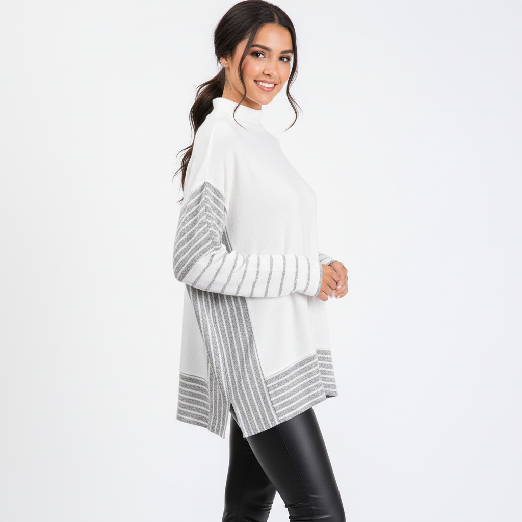 Women's white striped knit pullover sweater three-quarter turn studio shot black leggings cozy knit top