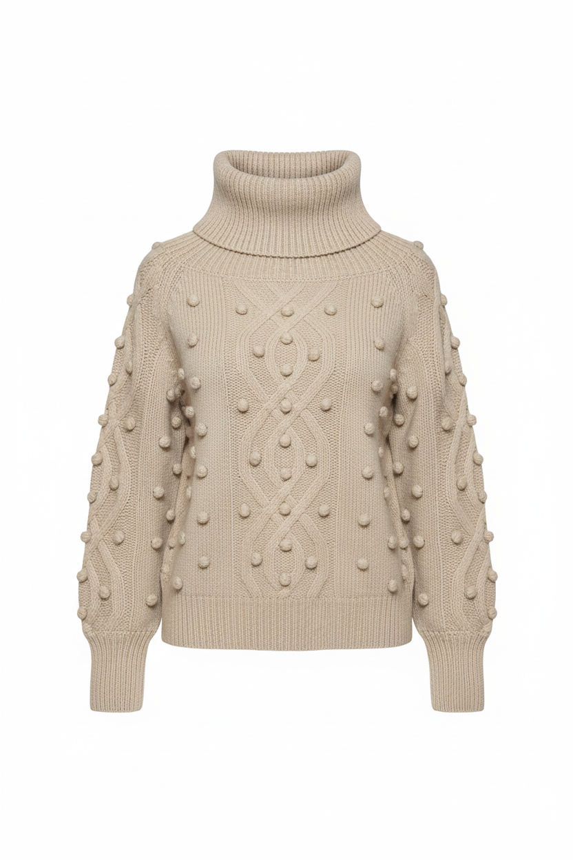 Latte beige turtleneck sweater with pom-pom bobbles, professional ghost mannequin front view on white background