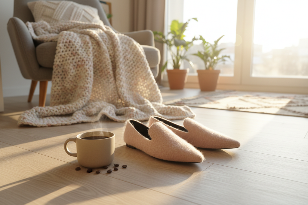 Pink fuzzy slippers with morning coffee and throw blanket - cozy home lifestyle
