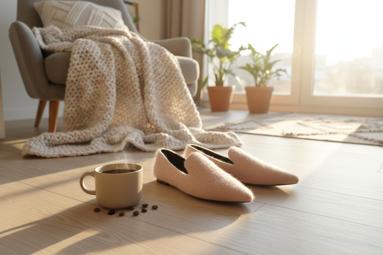 Pink fuzzy slippers with morning coffee and throw blanket - cozy home lifestyle