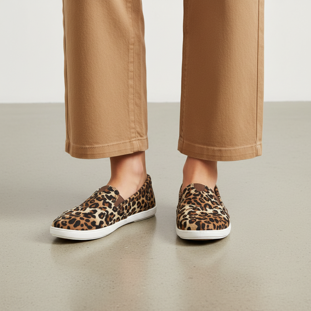 Women's leopard print canvas slip-on flats worn as a pair on concrete with camel wide-leg trousers