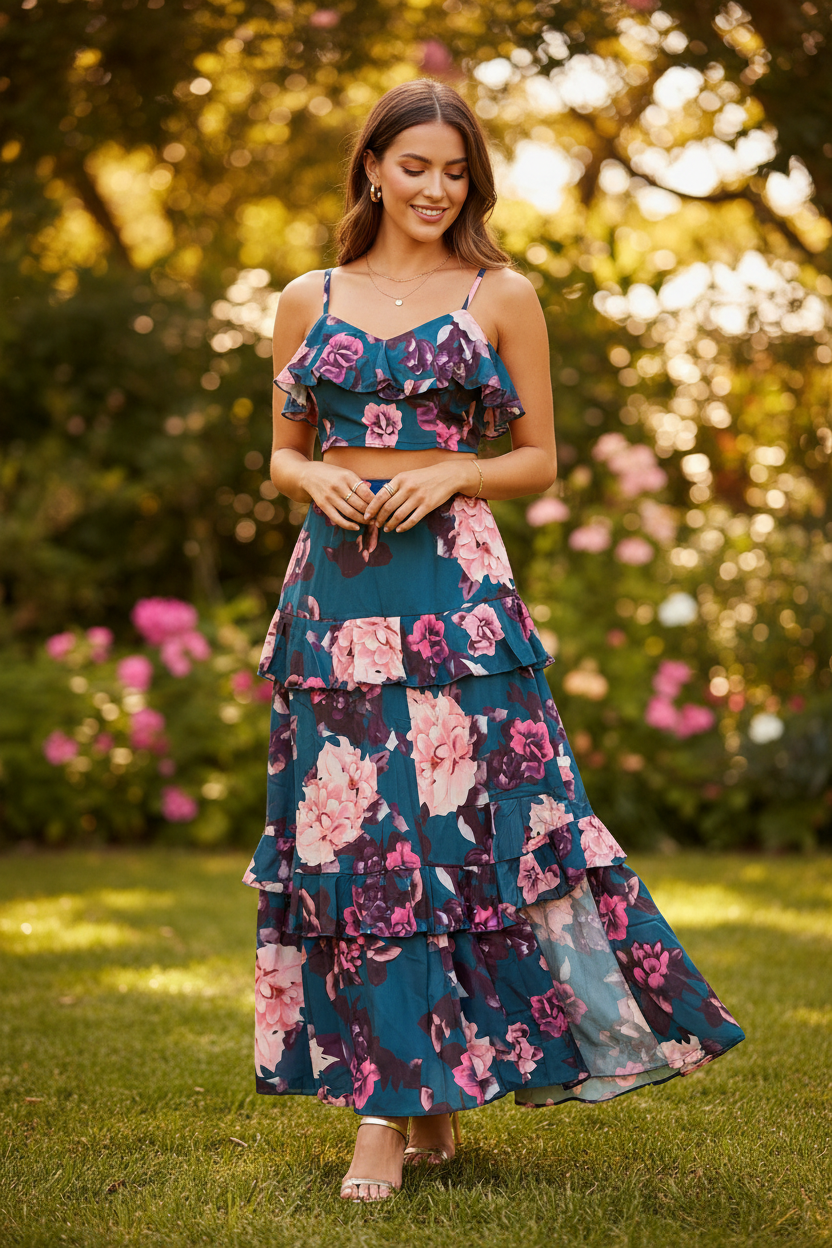 Woman wearing a floral dress standing in a garden