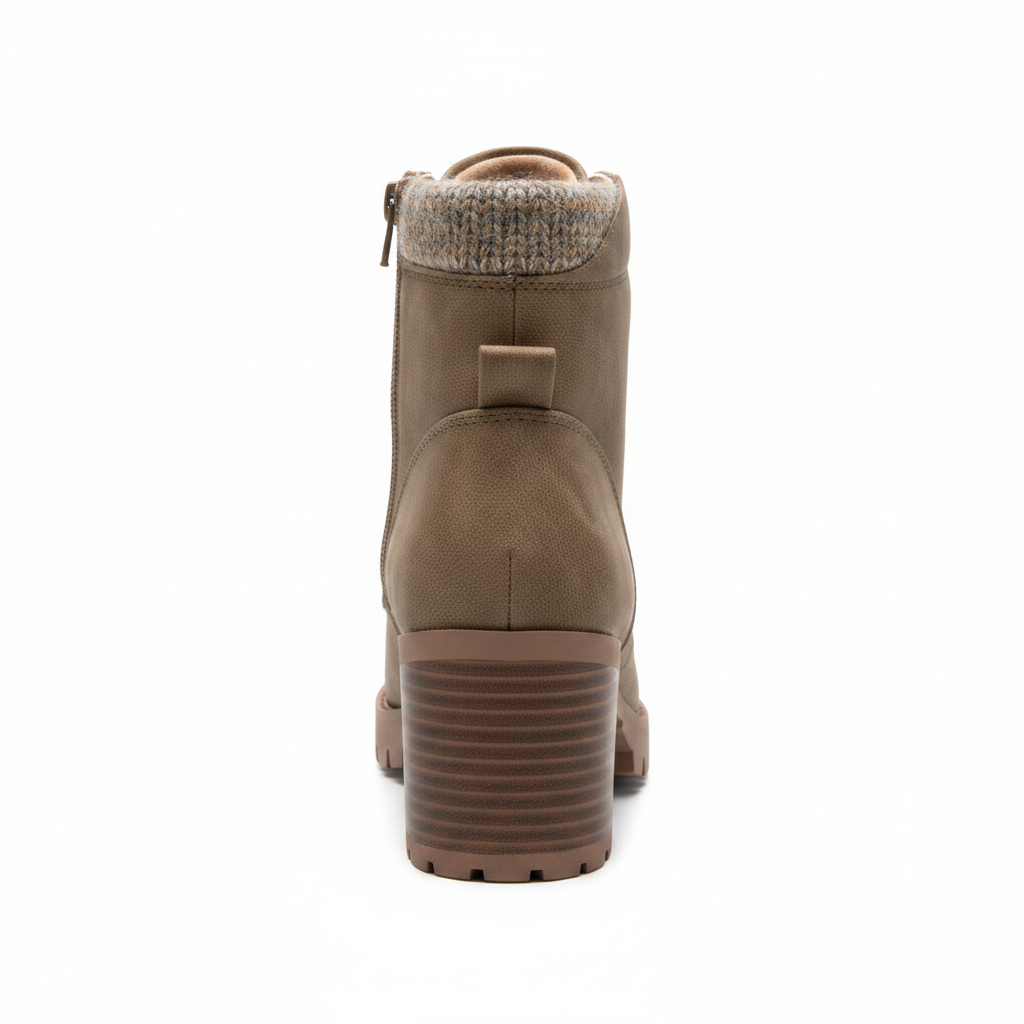 SODA women's taupe ankle boot back view, stacked block heel, lug sole, sweater knit collar trim