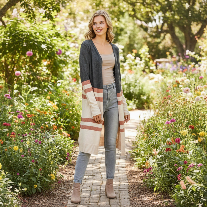 Women's cashmere color block cardigan styled with light wash jeans, standing outdoors in natural light - BellanBlue