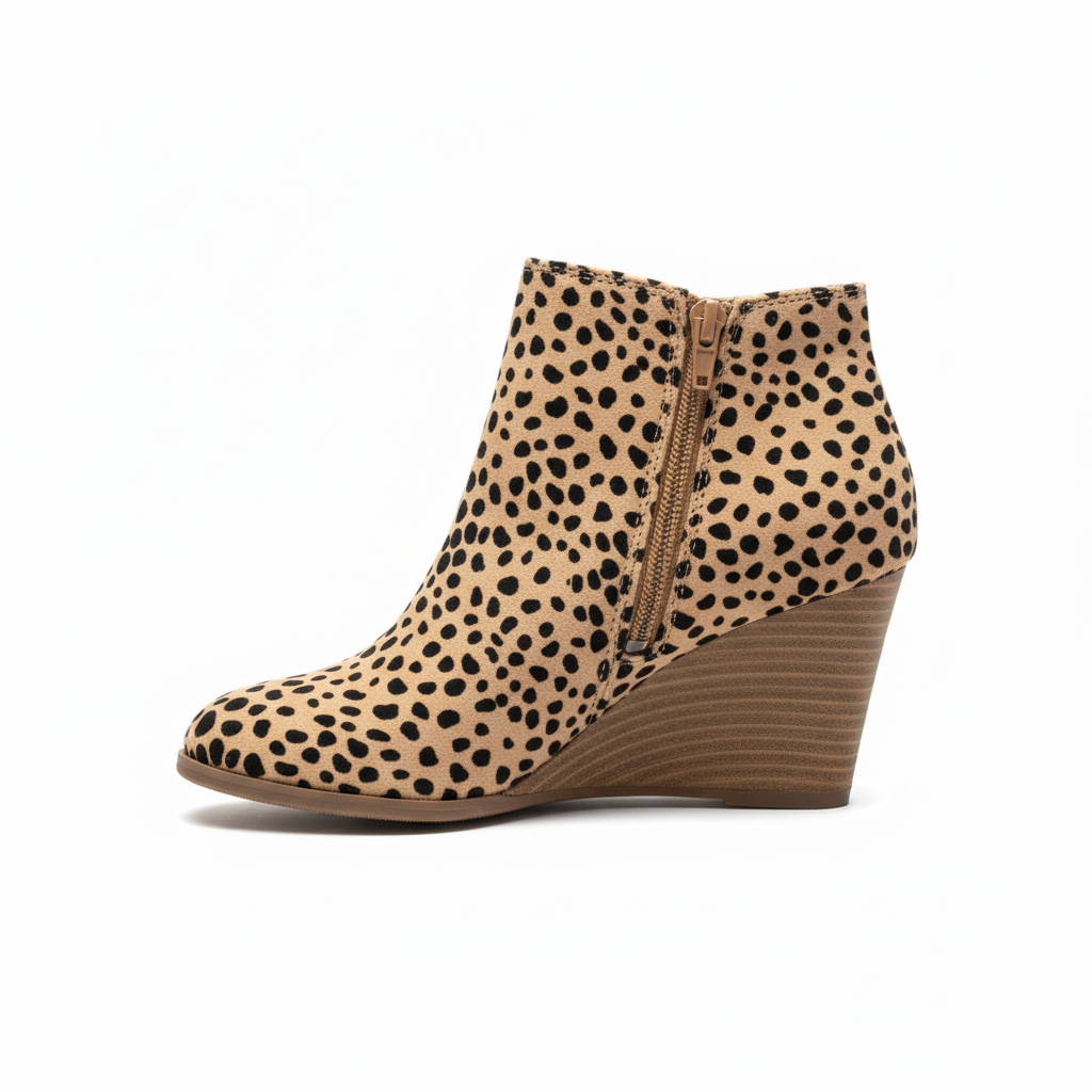 Cheetah print wedge ankle bootie with side zipper - left side view - Soda Shoes