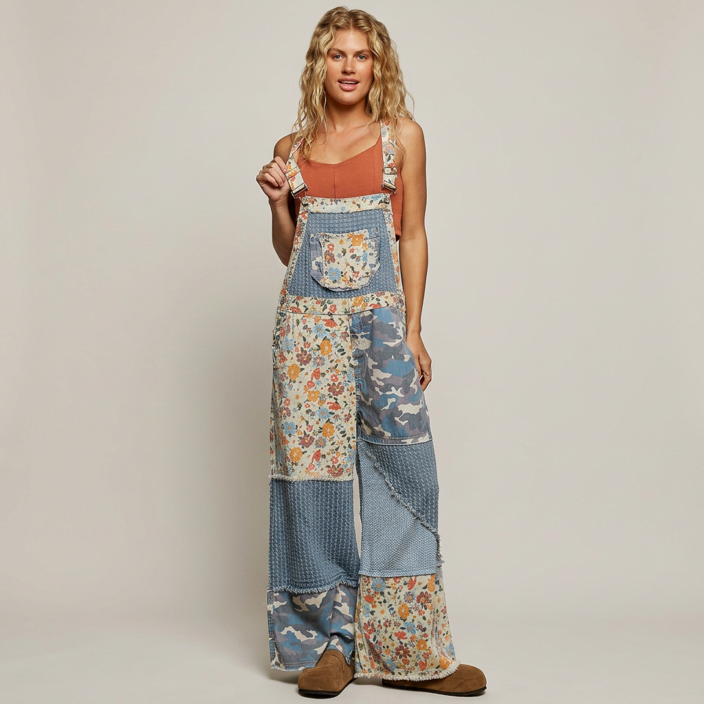 Standing front view of blue floral and camouflage patchwork overalls with a bib pocket against warm gray.