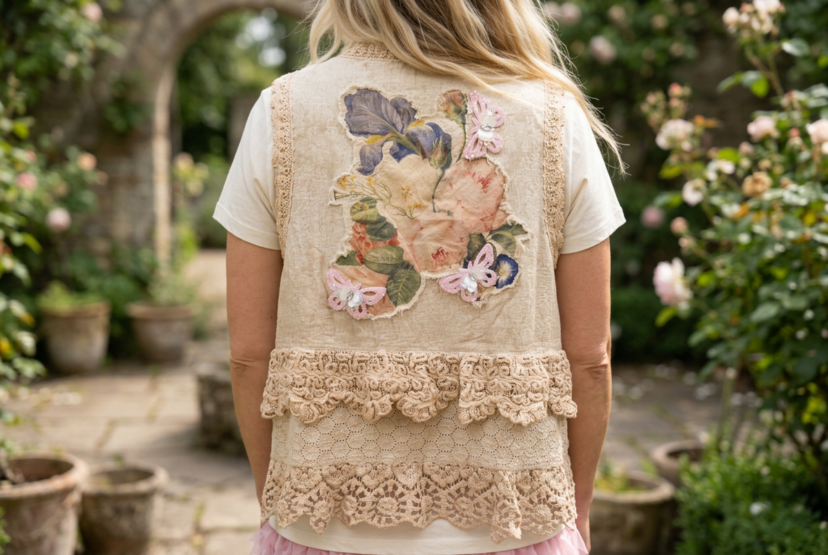 A Rare Bird Shop women's beige vest floral back patch and pink butterflies in a garden courtyard