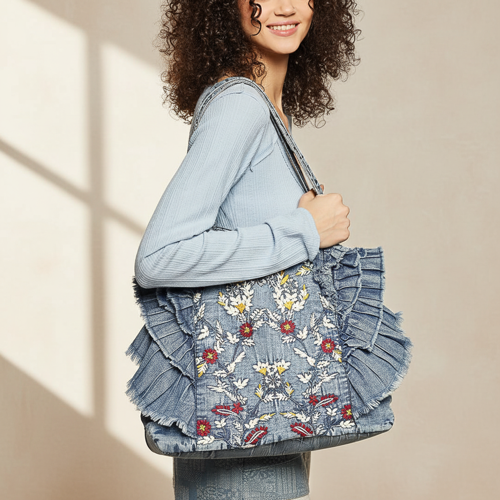 Women's denim embroidered ruffle tote bag worn on shoulder, boho boutique lifestyle — BellanBlue