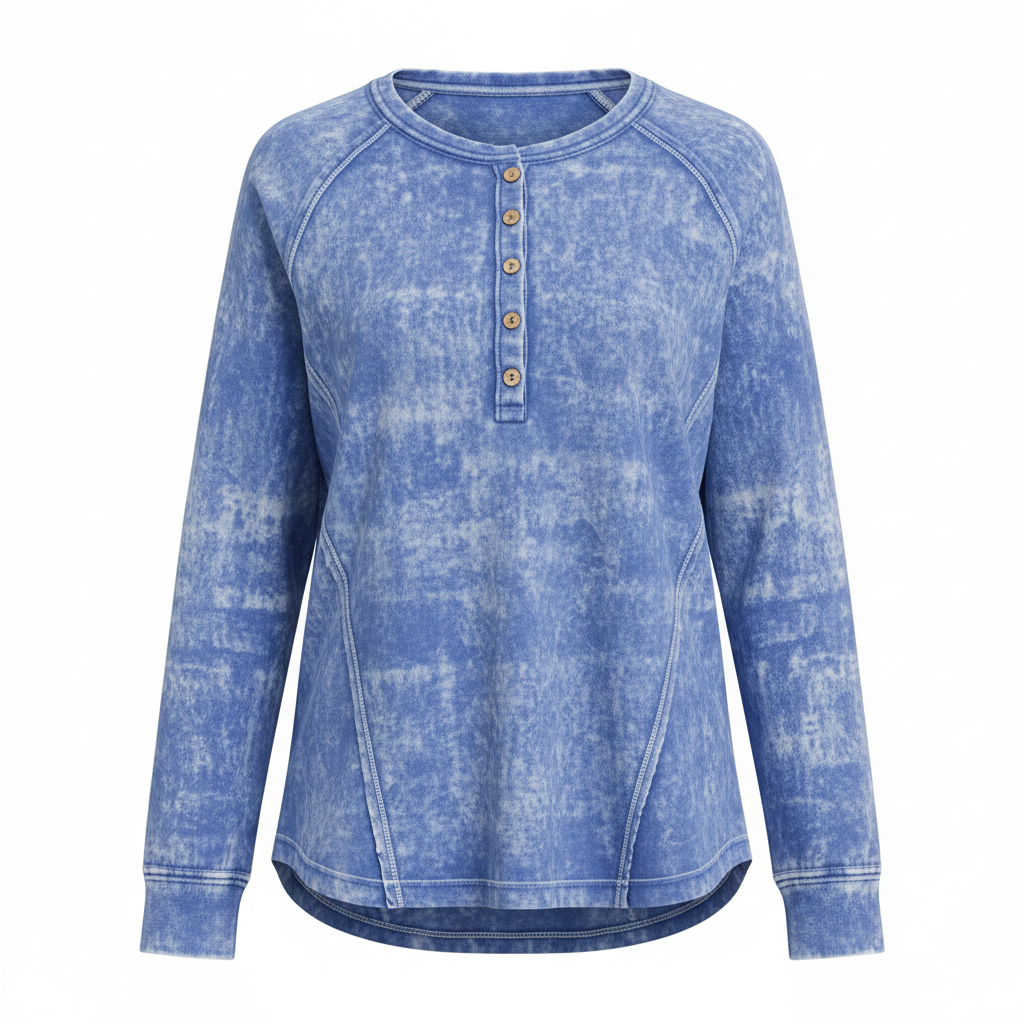 Women's ocean blue washed French terry button henley raglan top front view ghost mannequin - BellanBlue