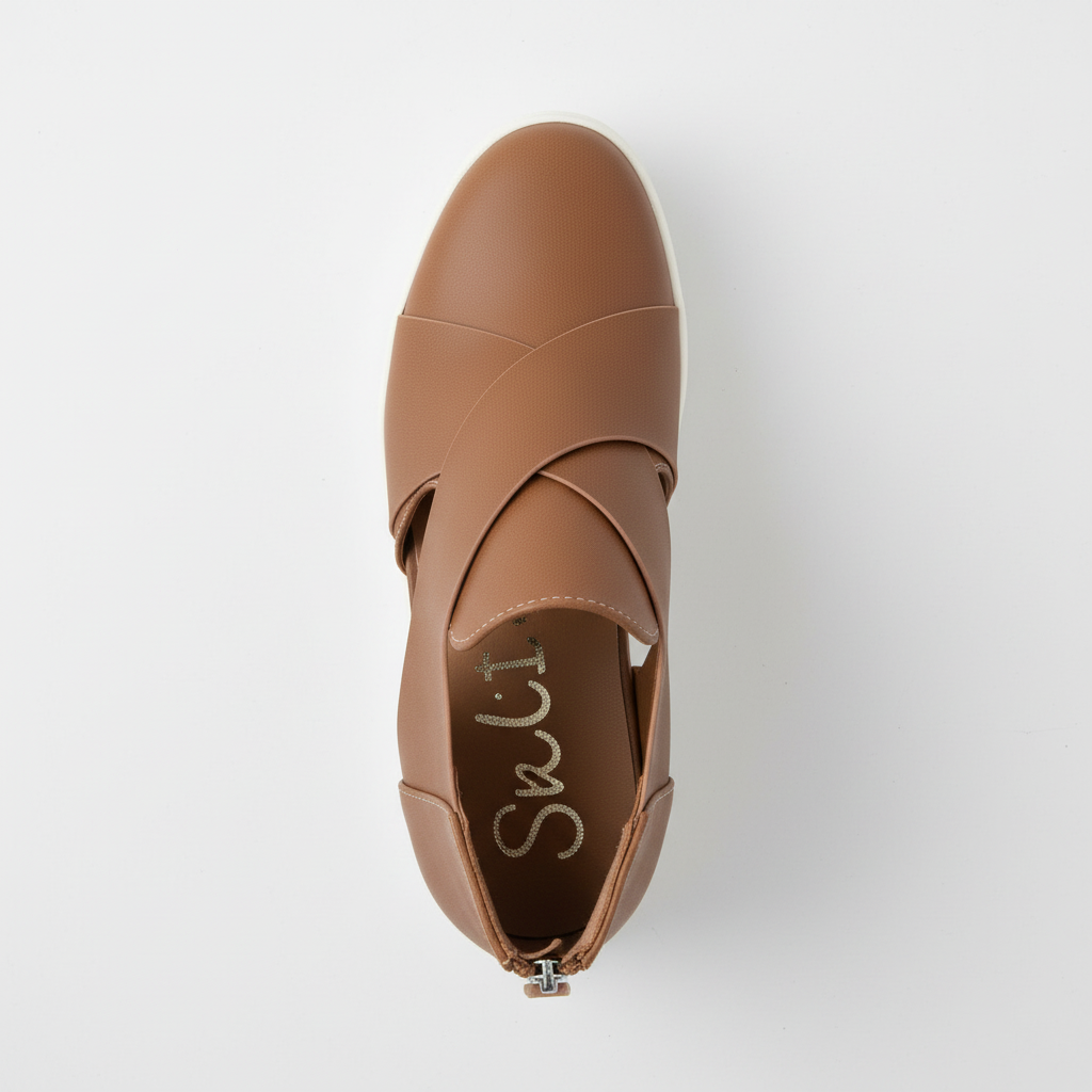 Tan crossover strap sneaker top view